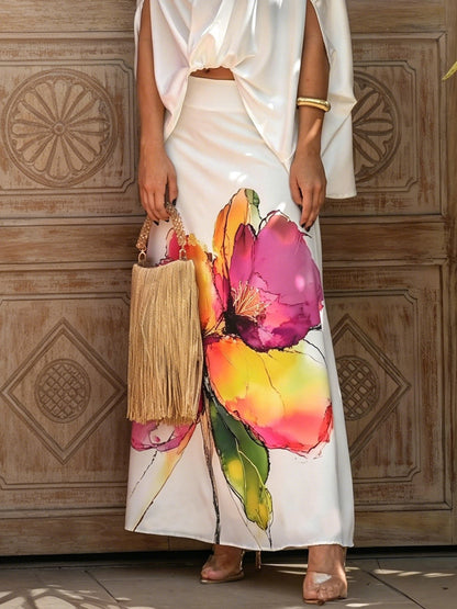 High Waisted Loose Contrast Color Flower Print Zipper Skirts