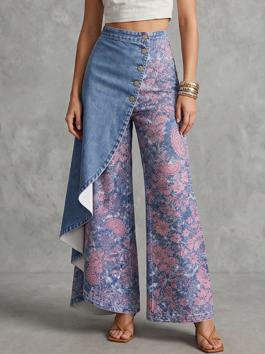 High Waisted Irregularity Buttoned Contrast Color Flower Print Pockets Split-Joint Jean Pants Bottoms