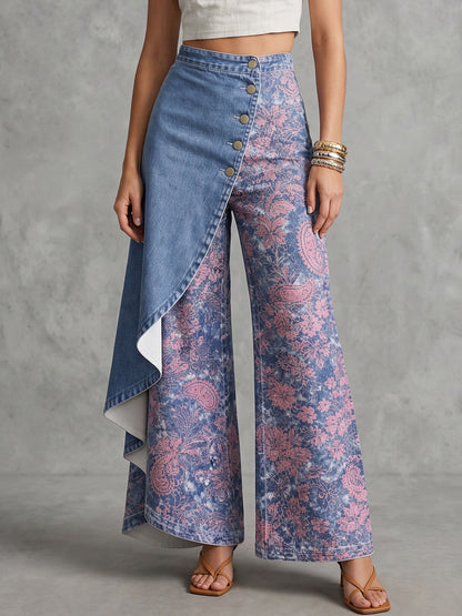 High Waisted Irregularity Buttoned Contrast Color Flower Print Pockets Split-Joint Jean Pants Bottoms