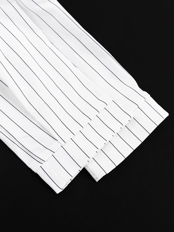 Irregular Clipping Long Sleeves Split-Joint Striped Lapel Blouses