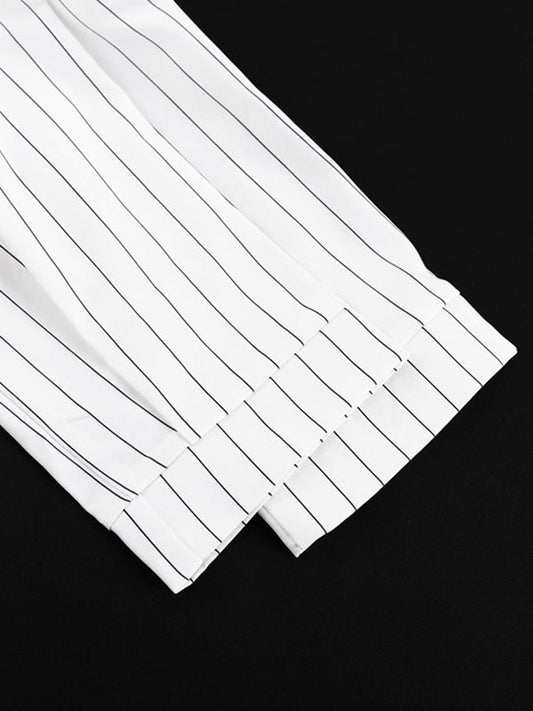 Irregular Clipping Long Sleeves Split-Joint Striped Lapel Blouses
