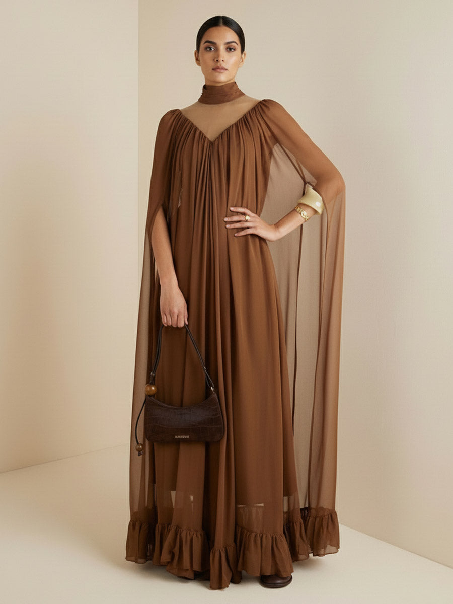 Cape Irregularity Layered Pleated Ruffled See-Through Solid Color Split-Joint High Neck Maxi Dresses