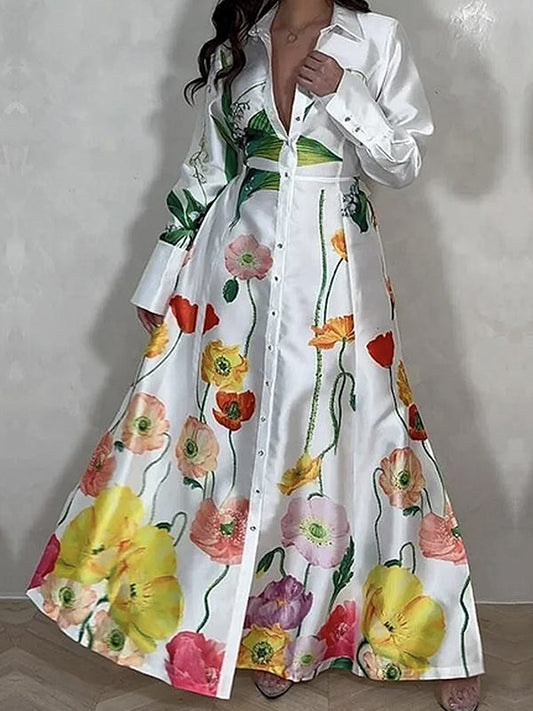 A-Line Loose Floral Printed Split-Joint Split-Side Lapel Maxi Dresses Shirt Dress