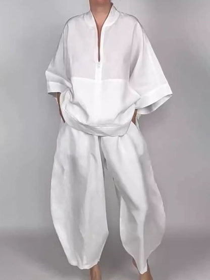 Long Sleeves Loose Solid Color Zipper V-Neck Shirts Tops