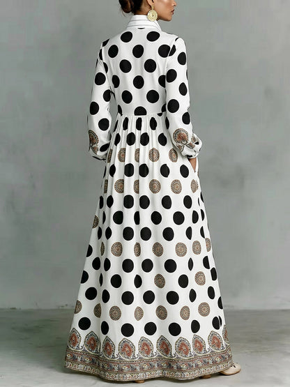 Polka-Dot Pockets Pleated Contrast Color Buttoned Big Hemline Puff Sleeves Loose Stand Collar Maxi Dresses
