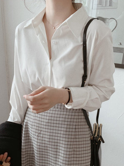 Long Sleeves Plus Size Buttoned Comfort Solid Color Lapel Blouses&Shirts Tops