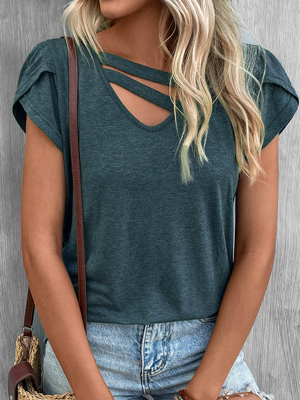 Loose Short Sleeves Solid Color V-Neck T-Shirts Tops NAVY BLUE