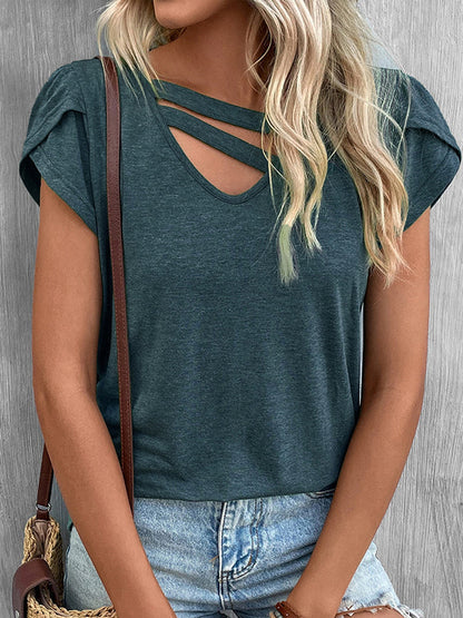 Loose Short Sleeves Solid Color V-Neck T-Shirts Tops NAVY BLUE