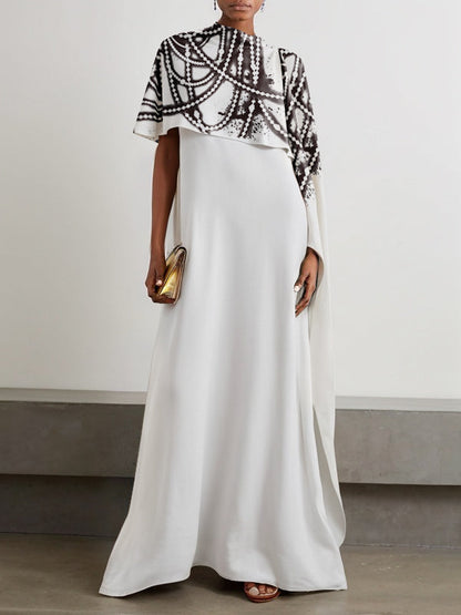 A-Line Capelet Contrast Color Printed Mock Neck Maxi Dresses