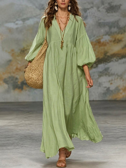 Solid Color Pleated Plus Size Loose V-neck Maxi Dresses