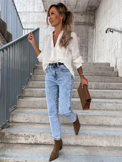 Chemisiers tendance à manches longues et col à revers de couleur unie 