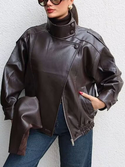 Zipper Split-Joint Solid Color Pockets Elasticity Buttoned Asymmetric Long Sleeves Stand Collar Outerwear Jackets