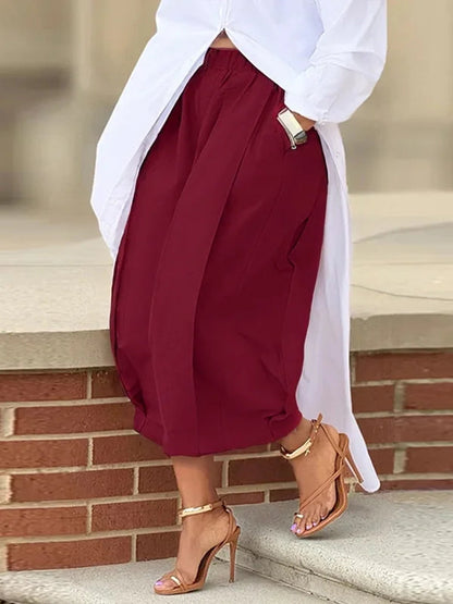 Solid Color Pockets Pleated Wide Leg Loose Pants