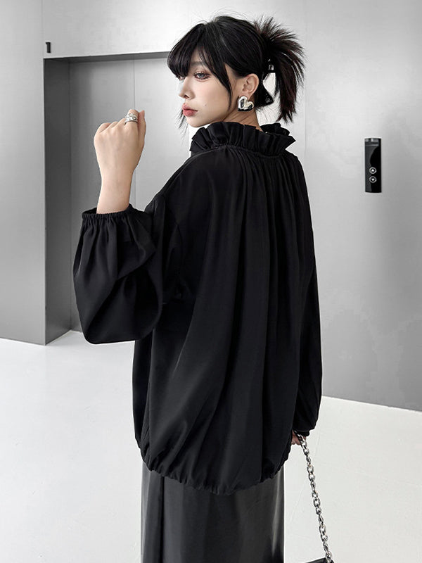 Long Sleeves Loose Drawstring Pleated Pullover Design Solid Color Lace Collar Blouses&Shirts Tops