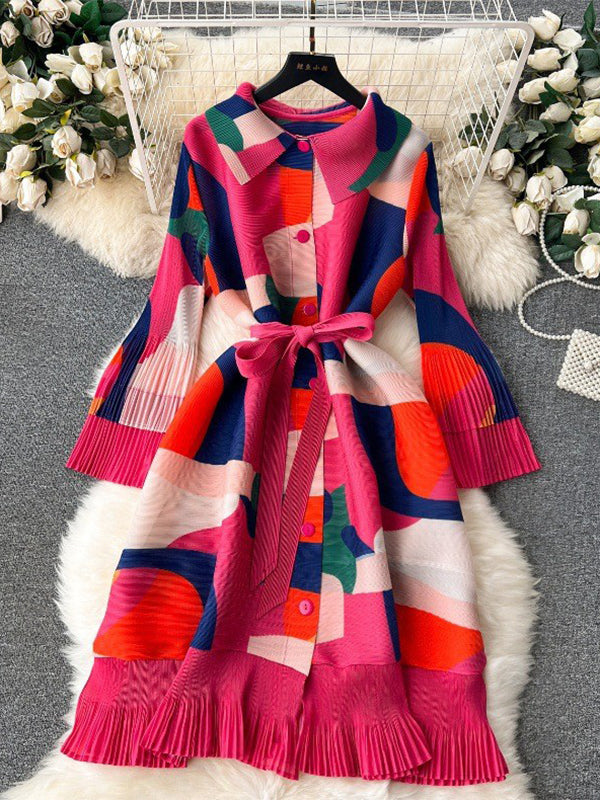 Flared Sleeves Loose Belted Contrast Color Pleated Midi Dresses