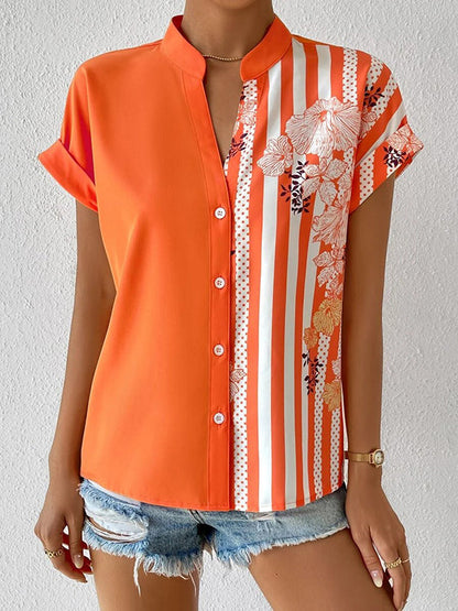 Loose Short Sleeves Buttoned Contrast Color Flower Print Striped V-Neck Blouses&Shirts Tops