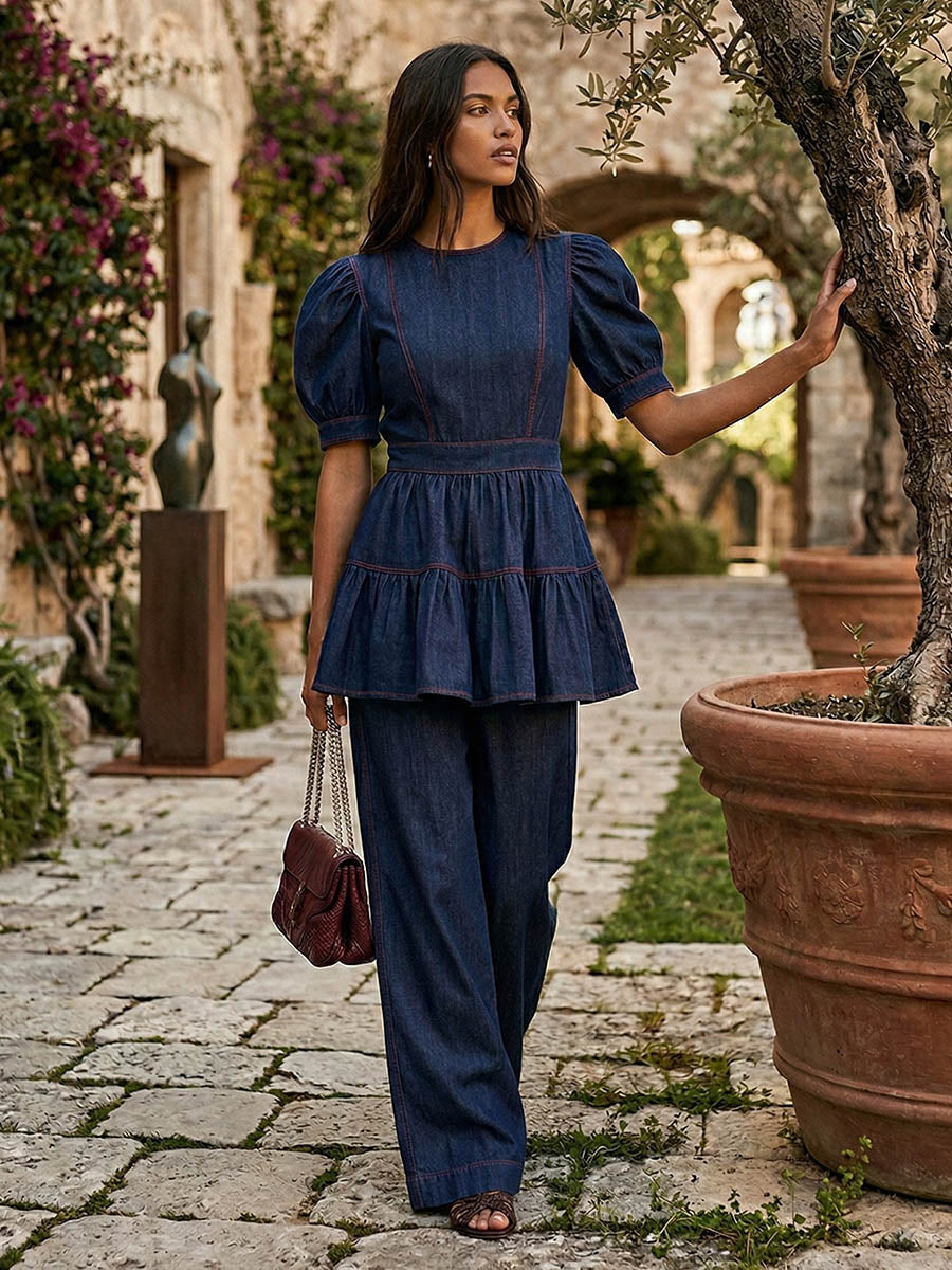 A-Line Loose Pleated Ruffled Solid Color Split-Joint Round-Neck Blouses&Shirts Tops