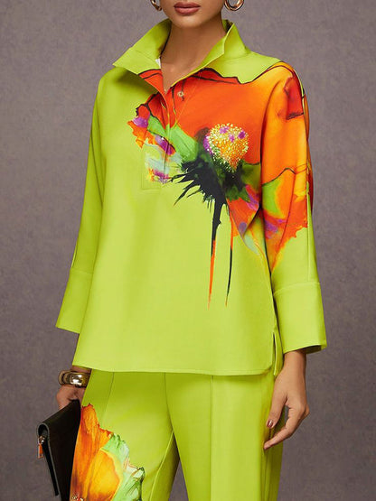 Long Sleeves Loose Buttoned Flower Print Stand Collar Blouses&Shirts Tops