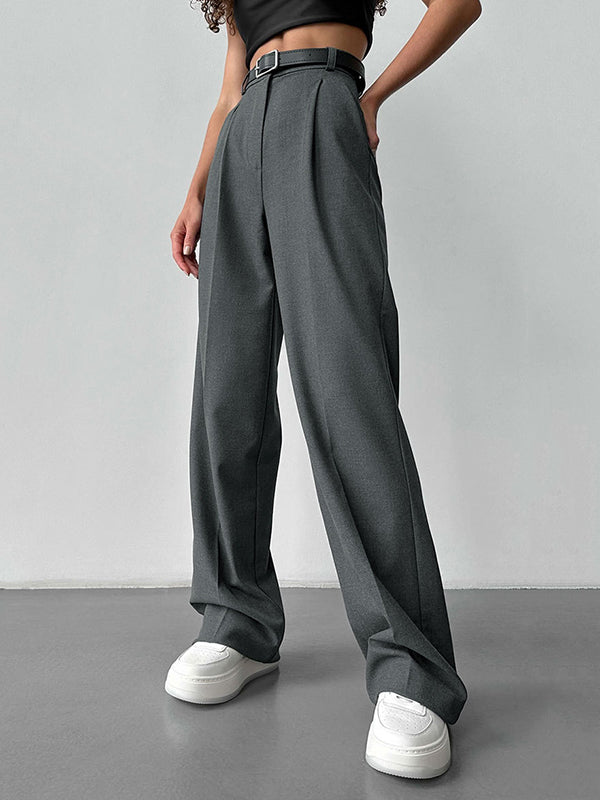 High Waisted Loose No Belt Solid Color Suit Pants Trousers