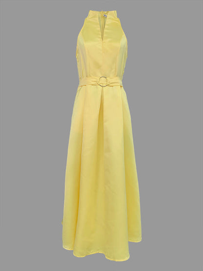 A-Line Loose Belted Pleated Pockets Solid Color V-Neck Midi Dresses