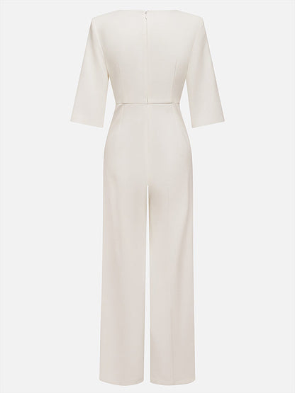 Loose Solid Color Split-Joint Round-Neck Jumpsuits