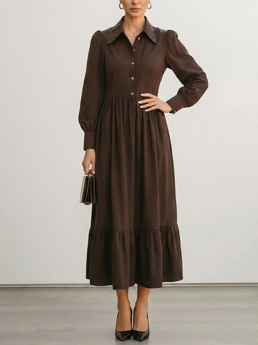 Long Sleeves Buttoned Pleated Solid Color Split-Joint Lapel Midi Dresses