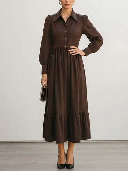 Long Sleeves Buttoned Pleated Solid Color Split-Joint Lapel Midi Dresses