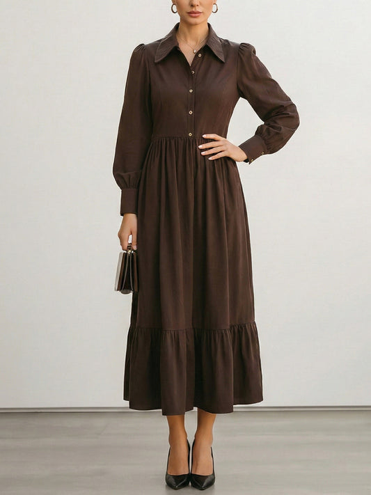 Long Sleeves Buttoned Pleated Solid Color Split-Joint Lapel Midi Dresses