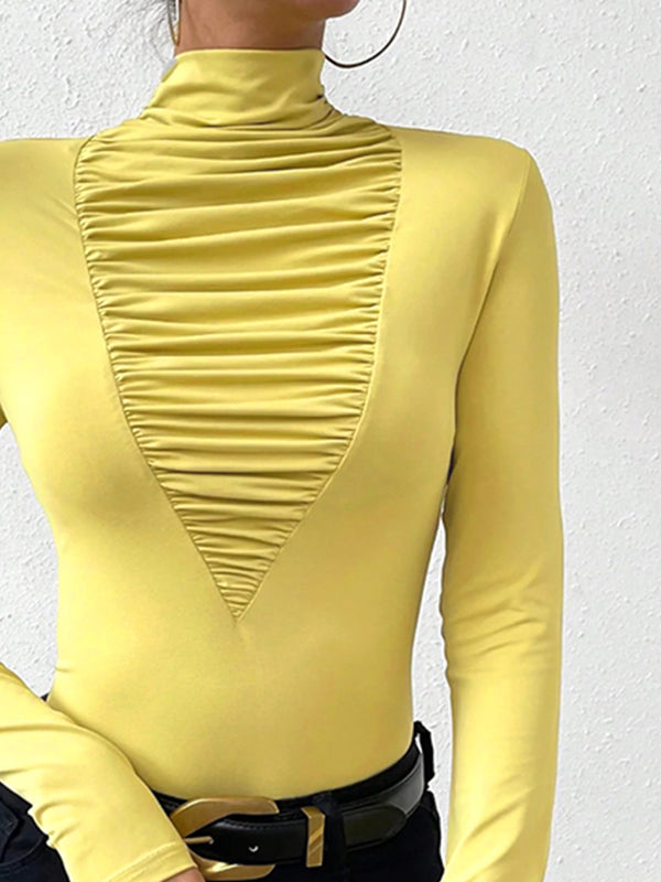 Long Sleeves Skinny Pleated Solid Color Split-Joint High Neck T-Shirts Tops