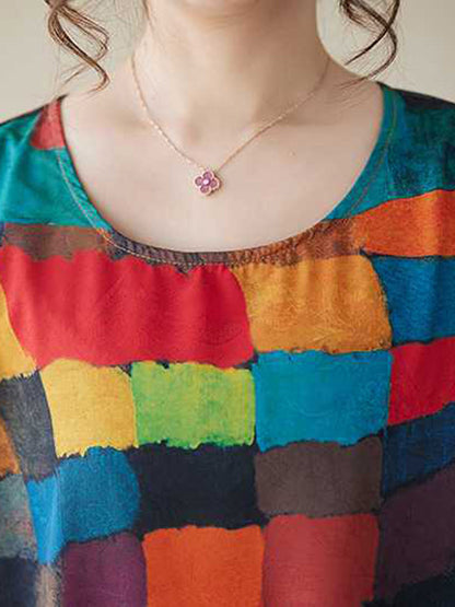 Lockere ärmellose, mehrfarbige, karierte Midikleider mit Rundhalsausschnitt in Kontrastfarbe 