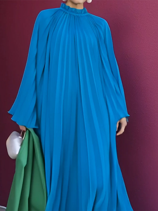 Flared Sleeves Loose Pleated Ruffled Solid Color Split-Joint High Neck Maxi Dresses