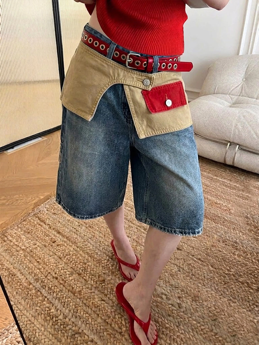 High Waisted Wide Leg Belted Buttoned Contrast Color Layered Split-Joint Denim Shorts