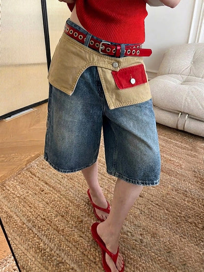 High Waisted Wide Leg Belted Buttoned Contrast Color Layered Split-Joint Denim Shorts