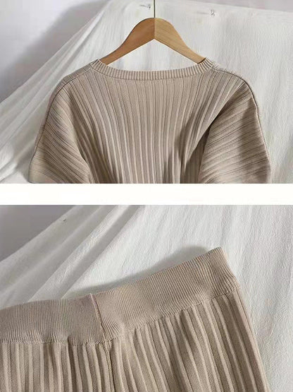 Loose Knitting Raglan Sleeve Solid Color V-Neck Sweater Top + Pants Two Pieces Set