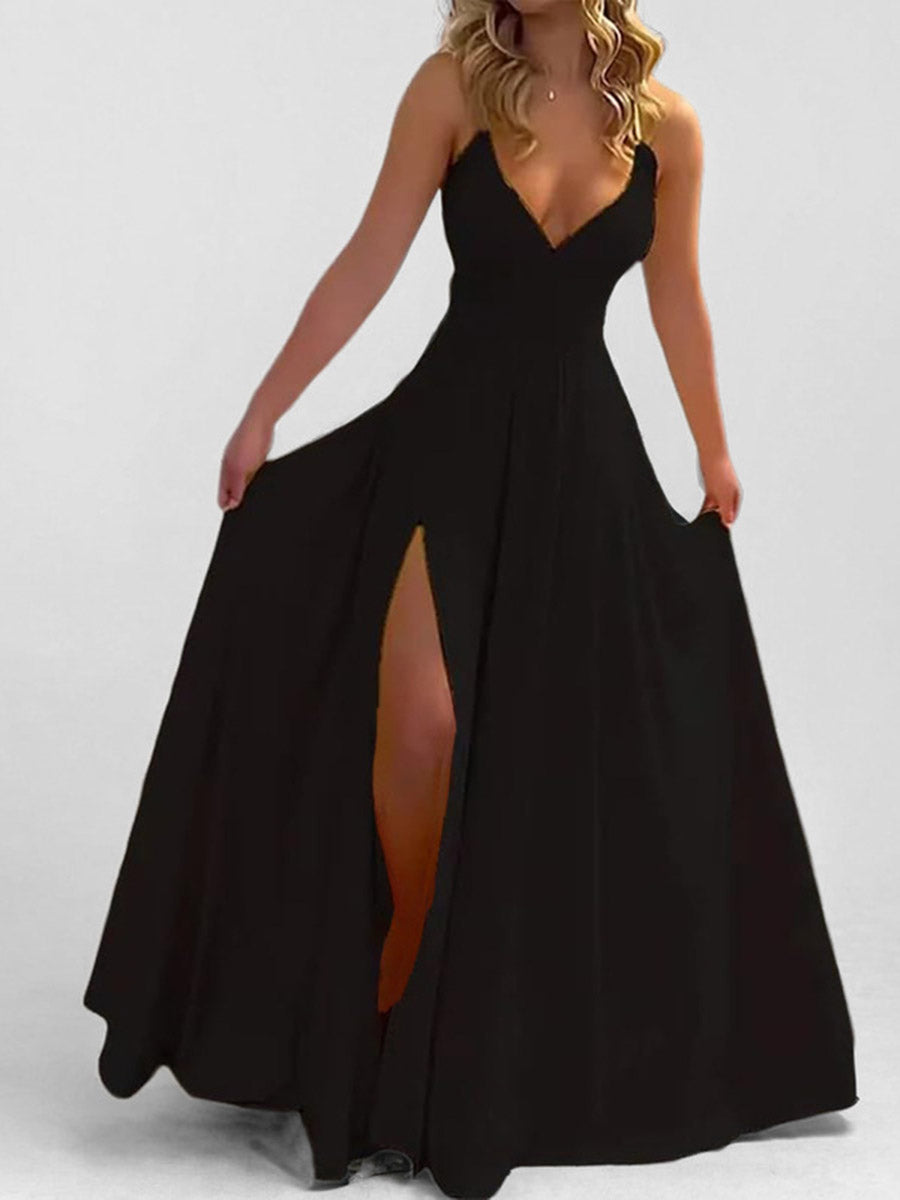 Bodycon High Waisted Pleated Solid Color Split-Joint Split-side Spaghetti-Neck Maxi Dresses