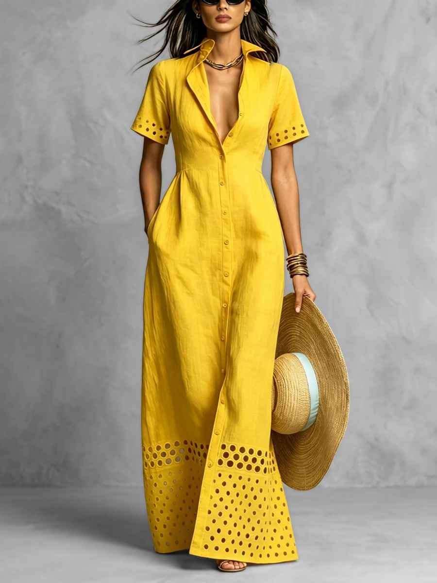 High Waisted Loose Buttoned Elasticity Hollow Pockets Solid Color Split-Front Lapel Maxi Dresses