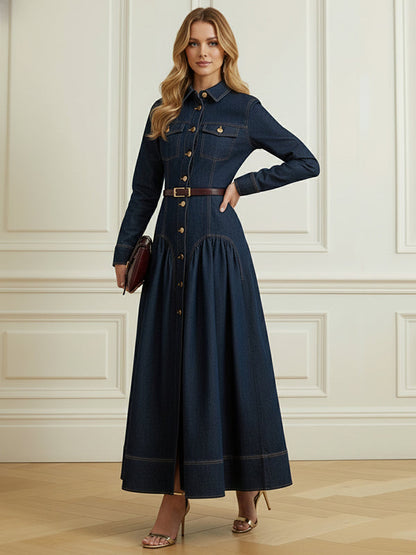 A-Line Elasticated Waist Belted Buttoned Single-Breasted Lapel Collar Maxi Dresses Shirt Dress