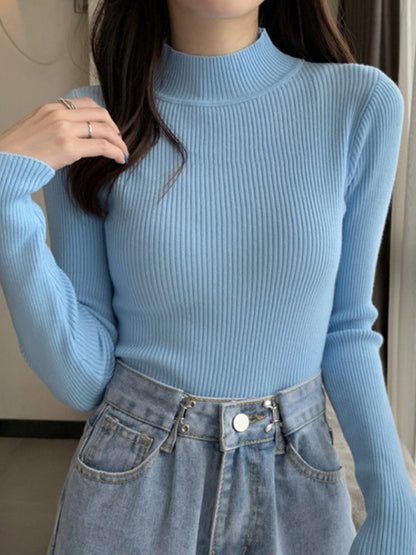 Casual Skinny Long Sleeves Solid Color High-Neck Sweater Tops