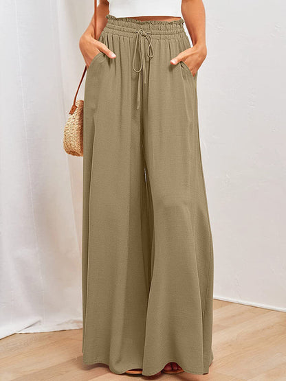 High Waisted Loose Drawstring Elasticity Pleated Pockets Solid Color Pants Trousers