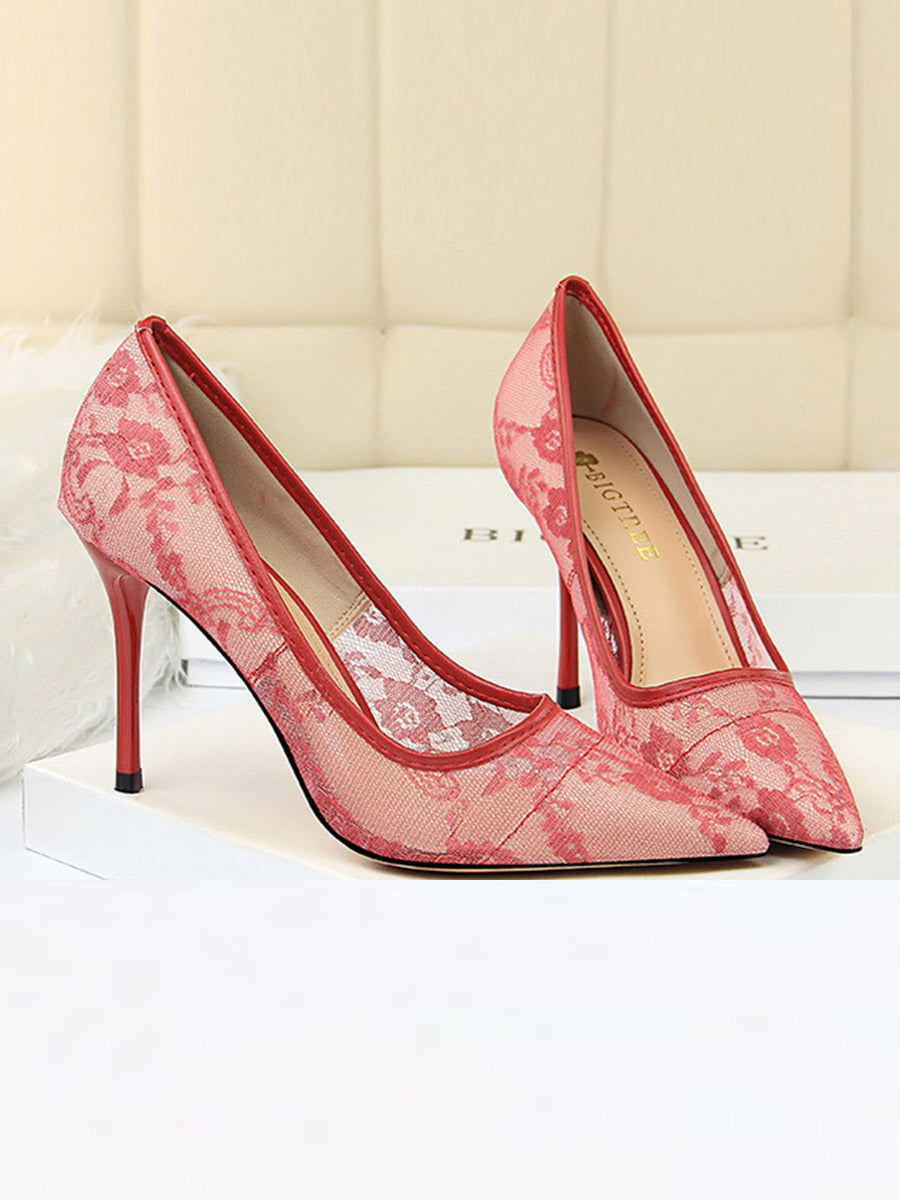Flower Print Hollow Pointed-Toe Split-Joint Pumps