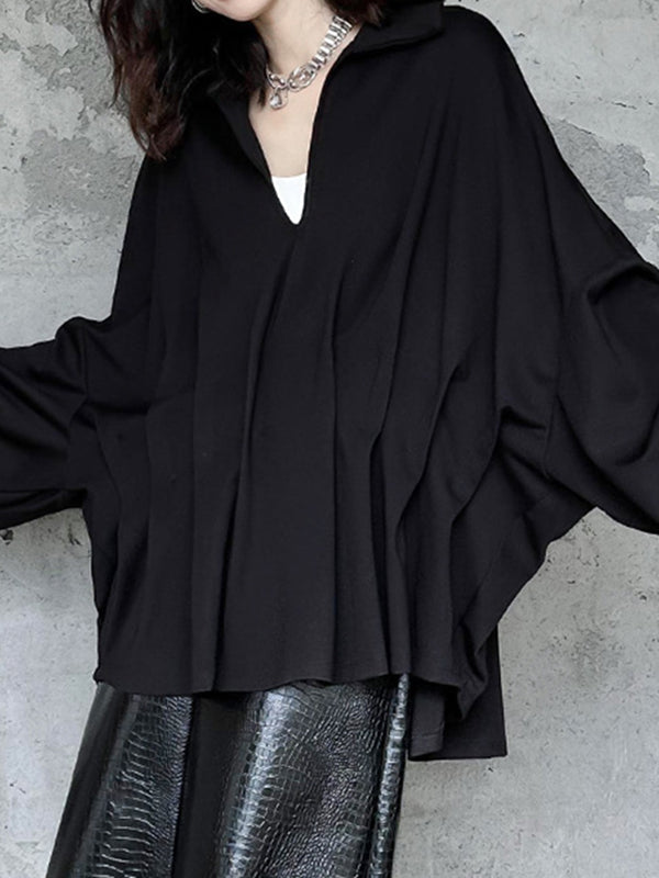 Batwing Sleeves Long Sleeves Pleated Solid Color Deep V-Neck Blouses&Shirts Tops