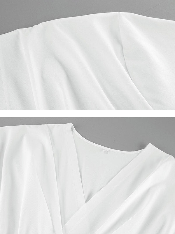 Long Sleeves Loose Pleated Solid Color Split-Joint Tied Waist V-Neck Mini Dresses Shirt Dress