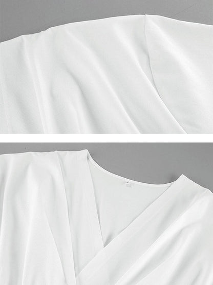 Long Sleeves Loose Pleated Solid Color Split-Joint Tied Waist V-Neck Mini Dresses Shirt Dress