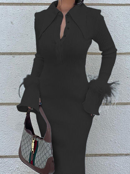 Skinny Feathers Slightly Sheer Split-Joint Lapel Maxi Dresses