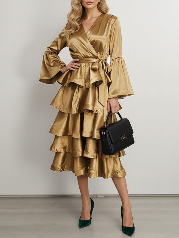 Flared Sleeves Belted Ruffled Shiny Tiered V-Neck Midi Dresses