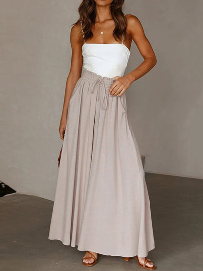 High Waisted Loose Drawstring Elasticity Pleated Pockets Solid Color Pants Trousers