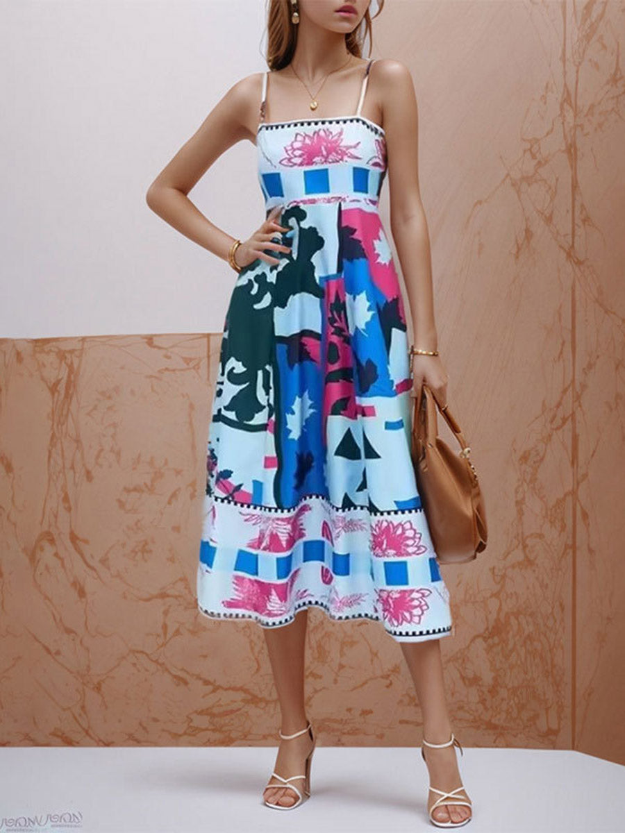 A-Line High Waisted Contrast Color Pleated Printed Split-Joint Spaghetti-Neck Midi Dresses