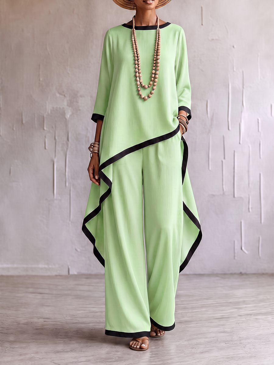 Loose Contrast Color Split-Joint Round-neck High-low Asymmetric Blouses&shirts Tops + Pockets Pants Trousers Two Pieces Set