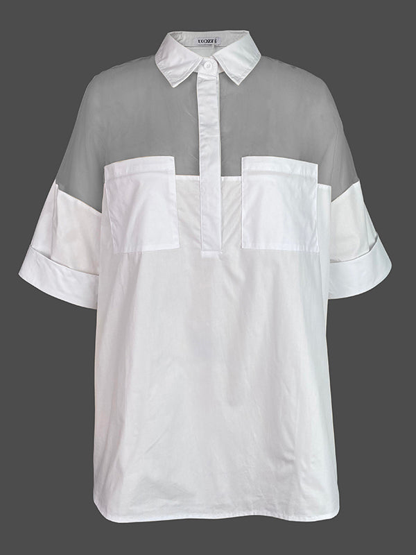 Short Sleeves See-Through Solid Color Split-Joint Lapel Blouses&Shirts Tops