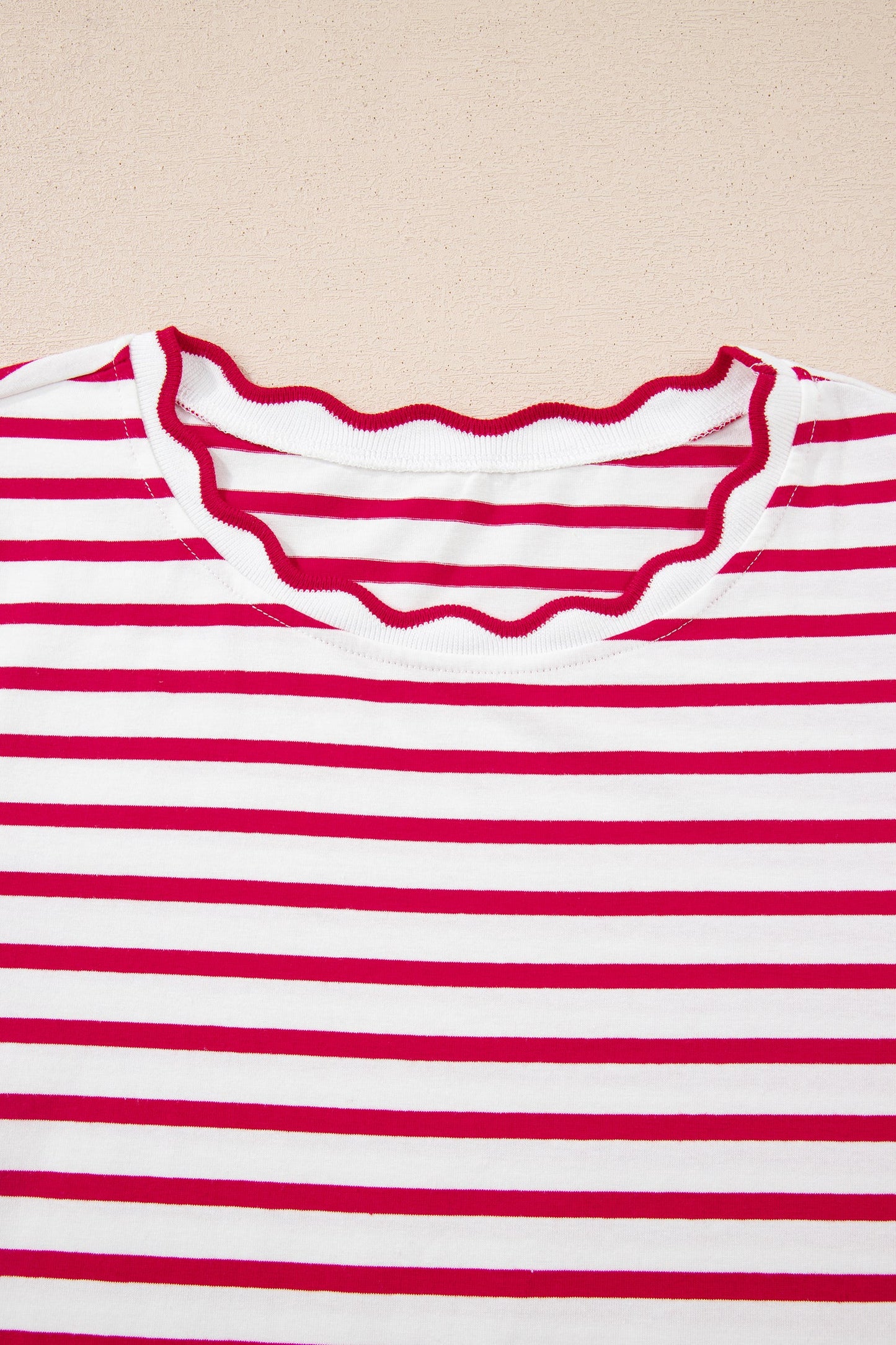 Green Stripe Scalloped Trim Round Neck T Shirt